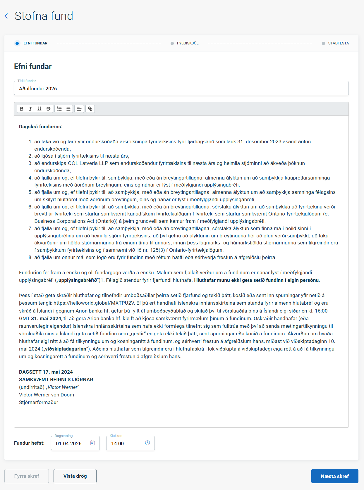 Stofna nýjan hluthafafund á hluthafaskra.is