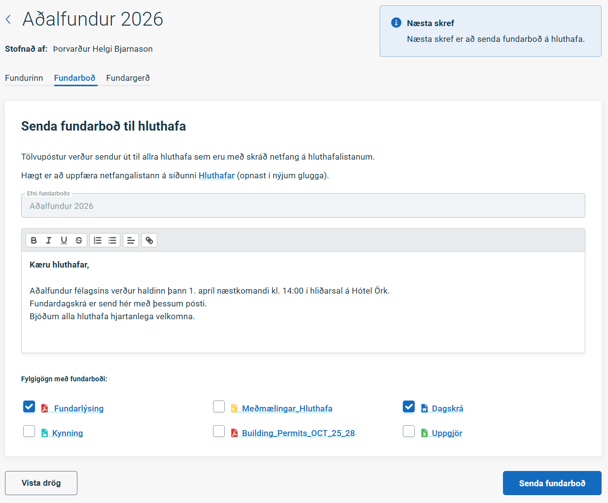 Senda fundarboð á hluthafa rafrænt